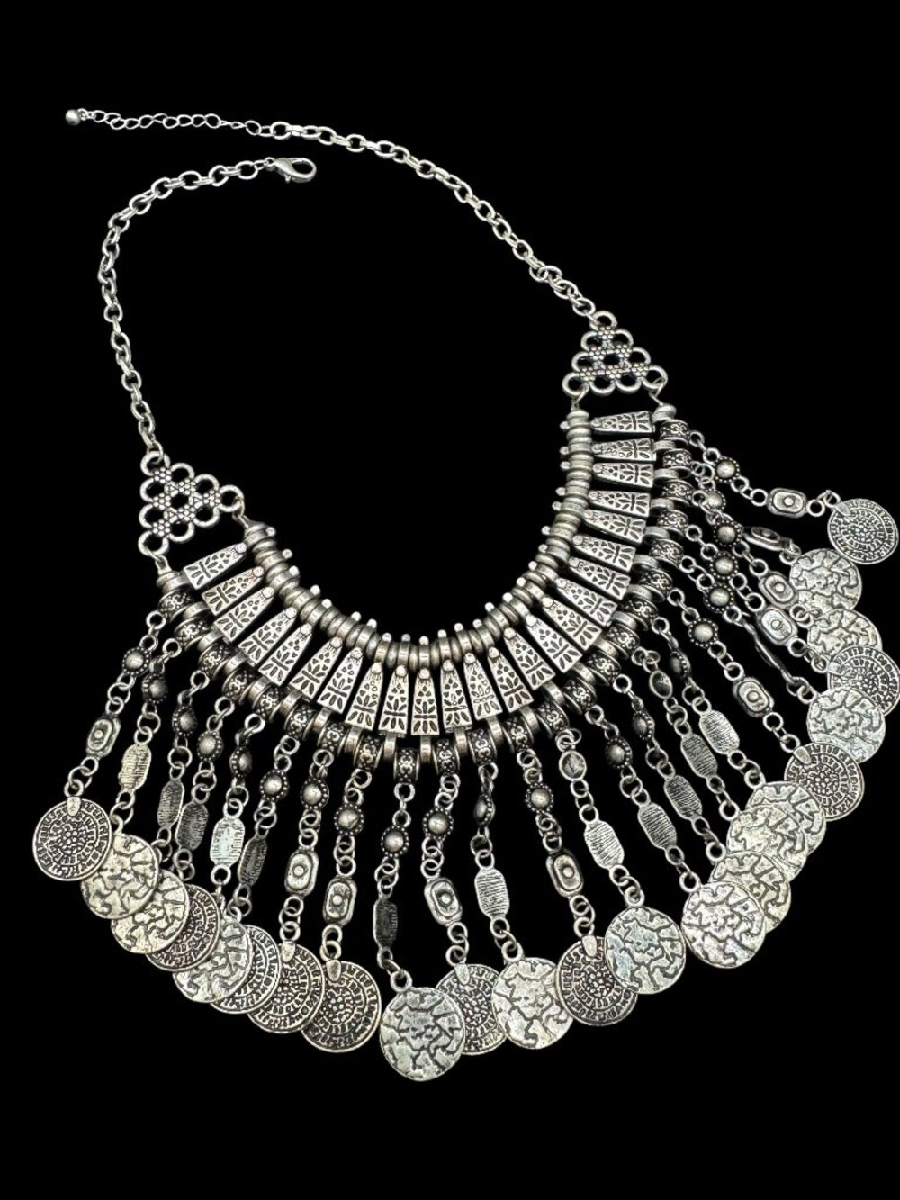 Statement Boho Turkish Bib Necklace Silver Tone Dangles Metal Tribal